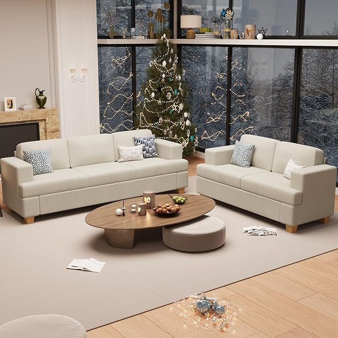 2 Pieces Corduroy Couch Set for Living Room, 5 Seats Cloud Sofa, Deep Seat Floor Couch for Bedroom, Futon Modern Sofa Bed, White Corduroy-CasaMuseHome