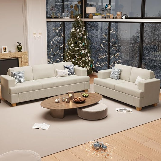 2 Pieces Corduroy Couch Set for Living Room, 5 Seats Cloud Sofa, Deep Seat Floor Couch for Bedroom, Futon Modern Sofa Bed, White Corduroy-CasaMuseHome