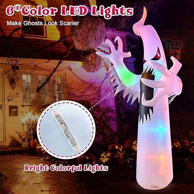 12FT Halloween Inflatables Giant White Ghost, Halloween Inflatable Outdoor Decoration, LED Colored Lights, Scary Red Eyes, Devil Claws, for Indoor and Outdoor Halloween Blow Ups Party Decorations-CasaMuseHome