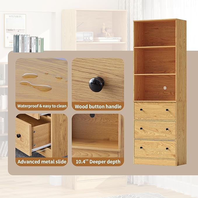 71" Tall Bookshelves Set of 2, Bookcases with Drawers, Bookshelves with Storage, Wooden Bookshelf with 3 Drawers & 3-Tier Open Shelves,Home Decor Furniture for Living Room,Bedroom,Home,Natural-CasaMuseHome