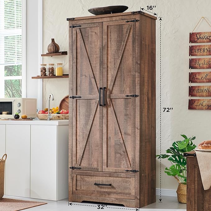 72" Tall Wood Storage Cabinet, Farmhouse Kitchen Pantry Cabinet with Adjustable Shelves & Drawer & Barn Doors, Versatile Storage for Kitchen, Dining Room, Bathroom, Light Brown-CasaMuseHome