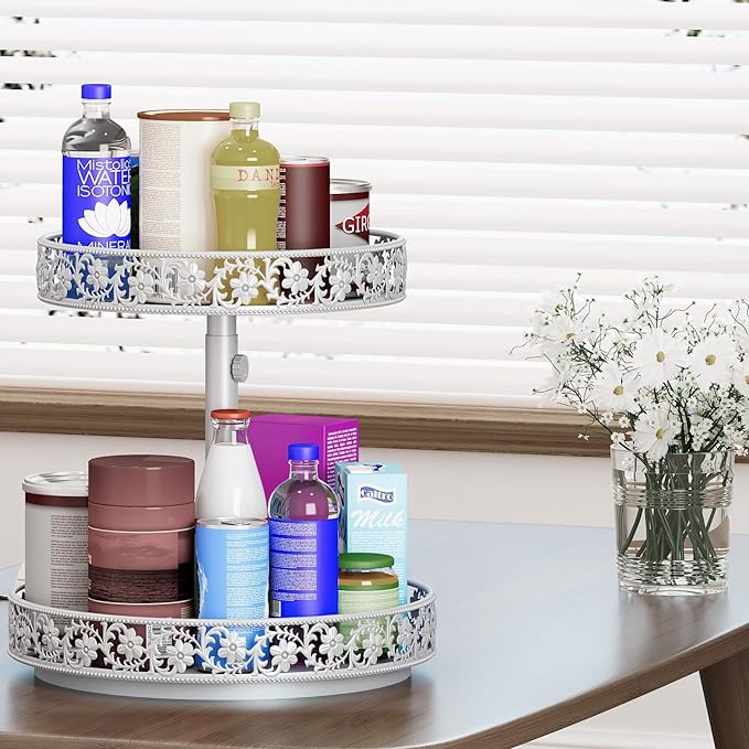 2 Tier Lazy Susan Organizer Turntable Adjustable,12 Inch Two Tier Lazy Susan Metal Easy Assembly Cleaning, Rotating Spice Rack Organizer for Cabinet Dining Table Kitchen Countertop White-CasaMuseHome