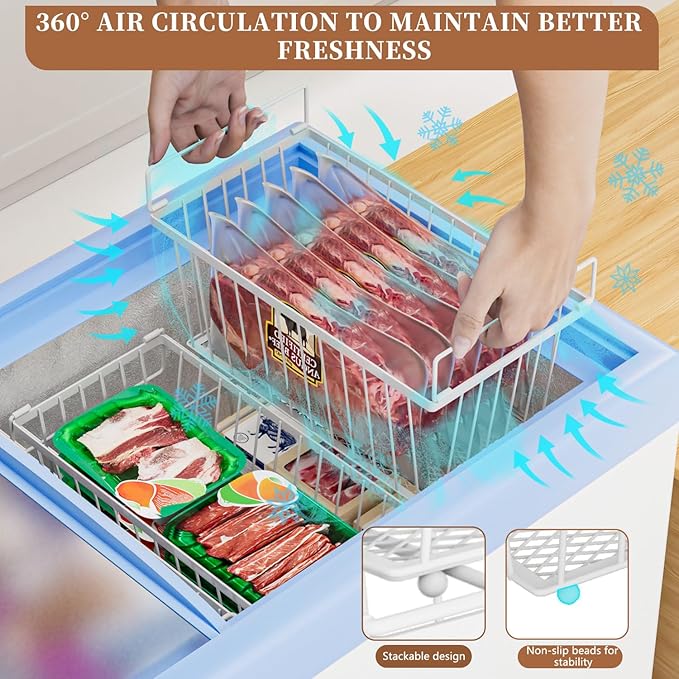 3 Pack Stackable Deep Freezer Organizer Bins ，Upgraded Bottom Leak-Proof net，Encryption and Hardening ， Freezer Organizer Bins for 5 to 9 Cu.FT Small Chest Freezer， Easy Get Bottom Foods-CasaMuseHome