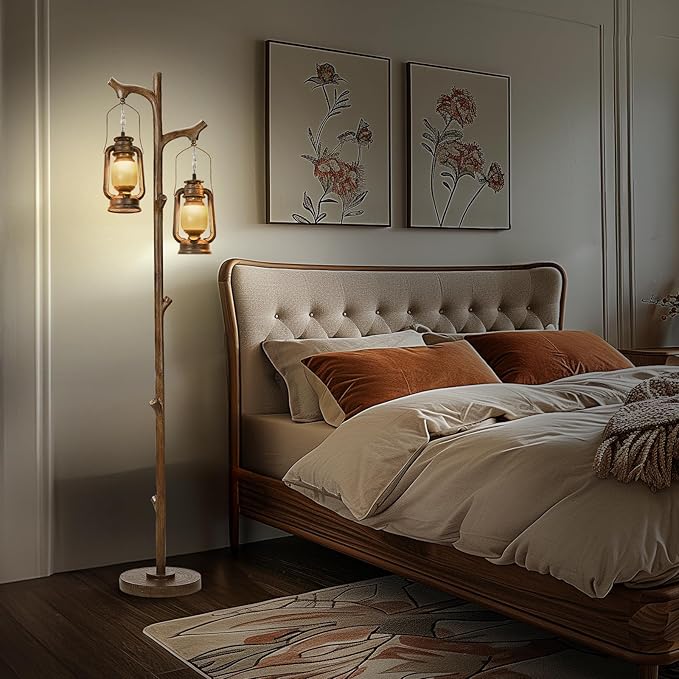 68" Rustic Farmhouse Tree Trunk Floor Lamp Country Brown Finish Wood Vintage Standing Tall Lamp with Lantern Stepless Dimmable Industrial Floor Lamp Decor for Bedroom Living Room Office Hotel-CasaMuseHome