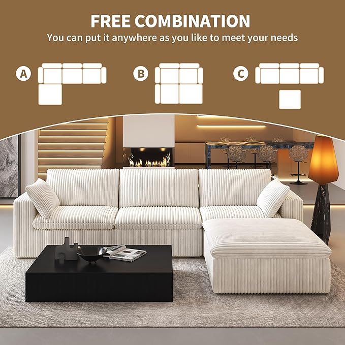 118" L Shaped Modern Sofa Modular Sectional Cloud Couch with Ottoman,Deep Seat Upholstered Couches with Plush Corduroy Fabric for Living Room Furniture,Bedroom and Apartment,No Assembly Required,White-CasaMuseHome
