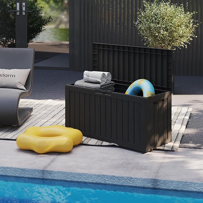 90 Gallon Lockable Resin Deck Box with Wheels, Waterproof & UV-Resistant Outdoor Storage Box for Outdoor Cushion Storage, Garden Tools & Pool Accessories Storage, Black-CasaMuseHome