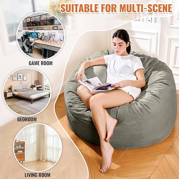 4FT Bean Bag Chair: Bean Bag with Velvet Cover, Fluffy and Comfy Bean Bag Chairs for Adults and Kids, Bean Bag Sofa Filled with High-Density Sponge for Gaming (Dark Grey)-CasaMuseHome