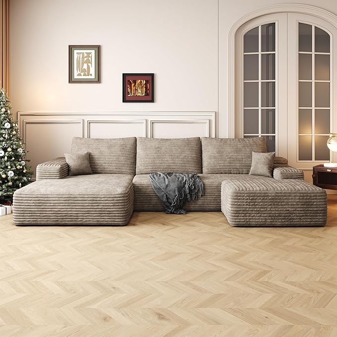 108" Sectional Couches for Living Room Modern Modular Sofa with L-Shape Couchs Upholstered Boneless Couch Deep Seat Sectional Couch with Chaise (Camel, Left Facing Chaise+2Seaters+1Ottoman)-CasaMuseHome