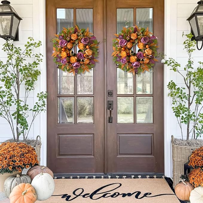 24 Inch Fall Wreath for Front Door - Autumn Wreath with Peony, Maple Leaves, Berries - Farmhouse Thanksgiving Halloween Decor for Porch, Front Door, Indoors & Outdoors - Rustic Harvest Home Decor-CasaMuseHome