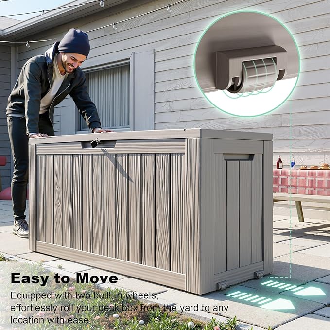 75 Gallon Resin Deck Box, Lockable Outdoor Storage Box for Patio Cushions Storage Furniture,Garden Tools, Pool Supplies, Weatherproof and UV Resistant (Grey)-CasaMuseHome