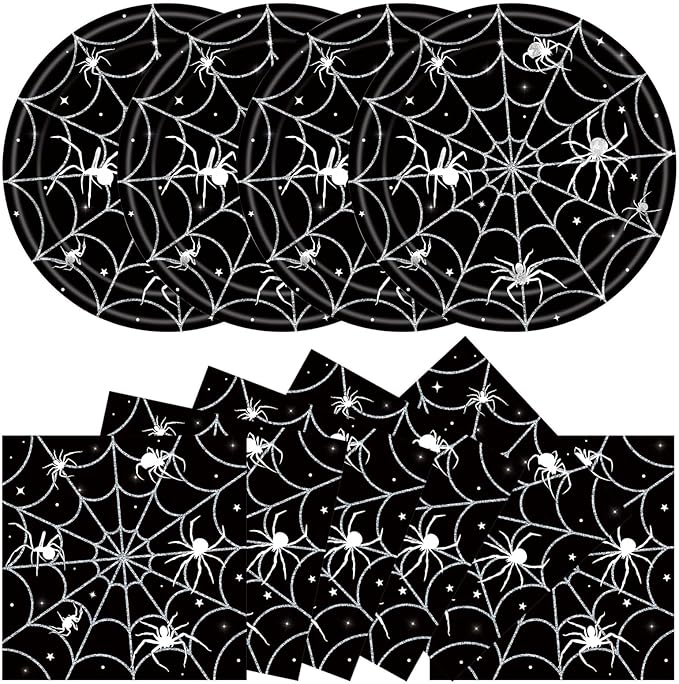40Pcs Halloween Paper Plates and Napkins Party Supplies, Spider Web Plates Napkins Disposable Dinnerware Set for Spooky Halloween Party Decorations-CasaMuseHome