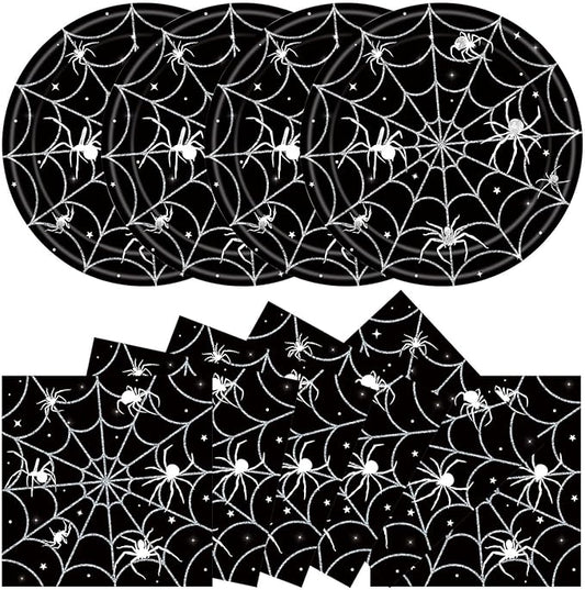 40Pcs Halloween Paper Plates and Napkins Party Supplies, Spider Web Plates Napkins Disposable Dinnerware Set for Spooky Halloween Party Decorations-CasaMuseHome