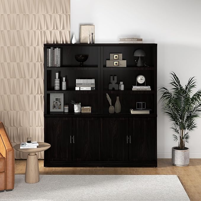 70 Inch Tall Bookcase with Doors, Library Office Bookshelf with Adjustable Shelves, Floor Standing Storage Cabinet for Bedroom Living Room Organizer with Anti Tipping Kit, Dark Cherry Finish-CasaMuseHome