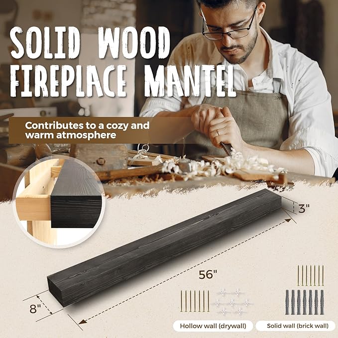 56x8x3 Fireplace Mantel - Handcrafted Hollow Rustic Solid Wood Wall Mounted Floating Shelf with Invisible Heavy Duty Wood Bracket (Weathered Black)-CasaMuseHome
