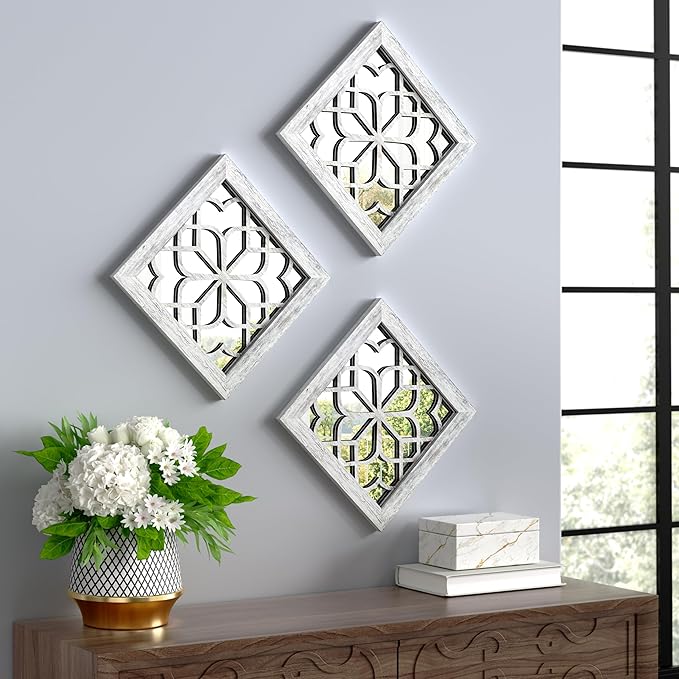 4pcs Farmhouse Wall Mirror with Carved Floral Design -Rustic Mirror Decor for Home, 12x12 inch(Grey)-CasaMuseHome