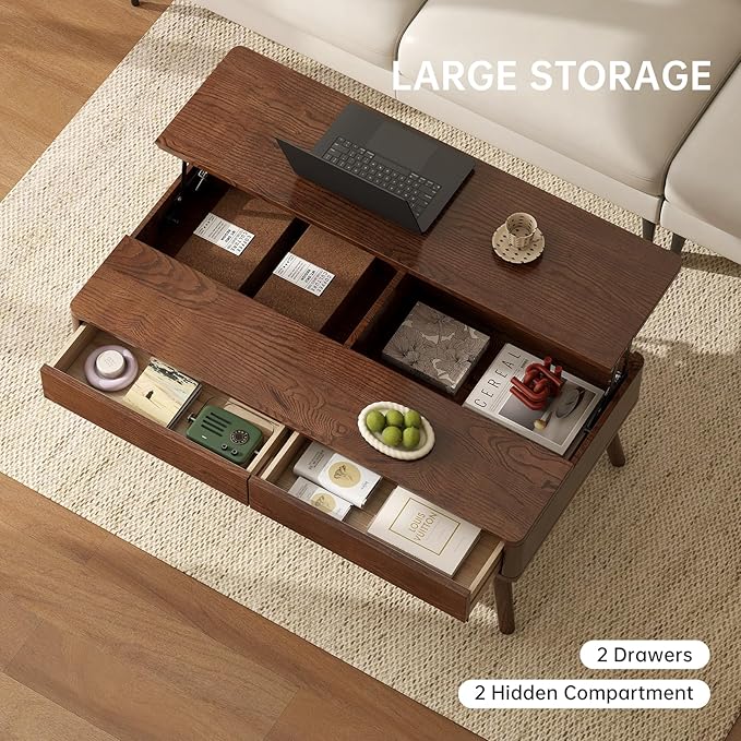 100% Solid Wood Lift Top Coffee Table for Living Room, Mid Century Modern Tables with Drawers and Large Storage, Oak Wood Coffee Tables for Small Spaces (Oak Walnut Color, 47.24"W x 23.62"D x 25.59"H)-CasaMuseHome