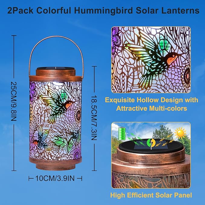 2Pack Solar Lanterns Outdoor Waterproof Hummingbird Colorful Garden Gifts for Mom, Multicolor Solar Lights Lantern for Backyard Garden, Pathway, Outside, Mothers' Day Gifts for Grandma Women-CasaMuseHome