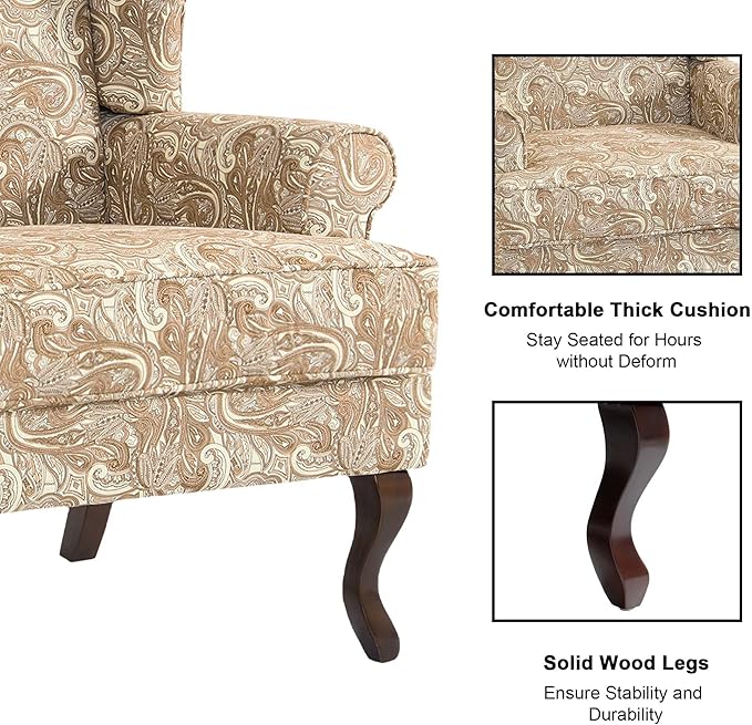 Accent Chair, High Back Upholstered Armchair with High Resilience Sponge & Wood Legs, Mid-Century Modern Comfy Single Sofa Reading Chairs for Living Room, Bedroom (Floral Sand, Set of 1)-CasaMuseHome