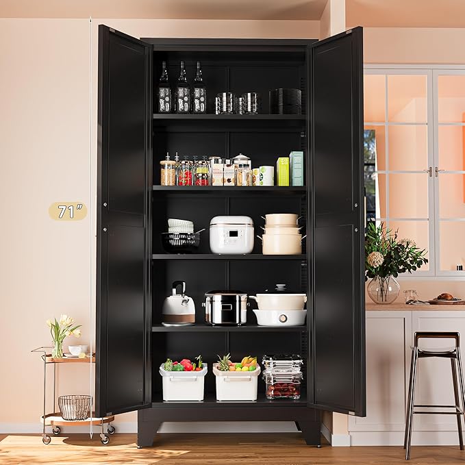 71'' Farmhouse Metal Storage Cabinet with Barn Doors,Steel File Cabinet for Home Office,Kitchen Pantry 4 Adjustable Shelves,Freestanding Cupboard for Kitchen,Home Office (Black)-CasaMuseHome