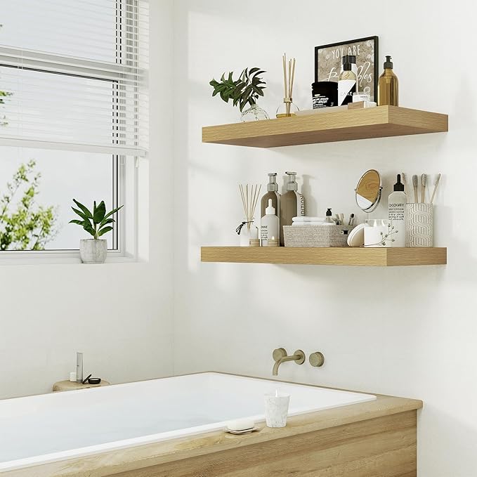 12" Deep Oak Floating Shelves,Over Toilet Long Wall Mounted Modern Farmhouse 36 inches,Wall Shelves with Invisible Brackets for Bedroom, Bathroom, Living Room, Kitchen, Set of 1-CasaMuseHome