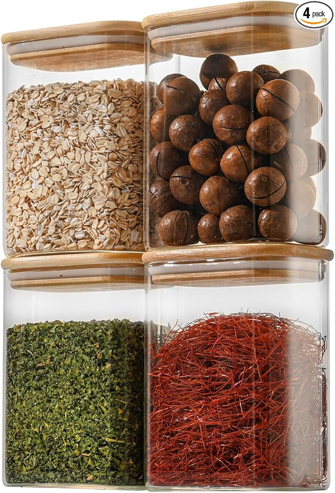 37oz Rectangle Airtight Glass Storage Containers with Bamboo Lids (Set of 4), Square Food Storage Jar, Pantry Organizers for Cereal, Nuts, Snacks and Coffee beans (‎with Black Lable)-CasaMuseHome