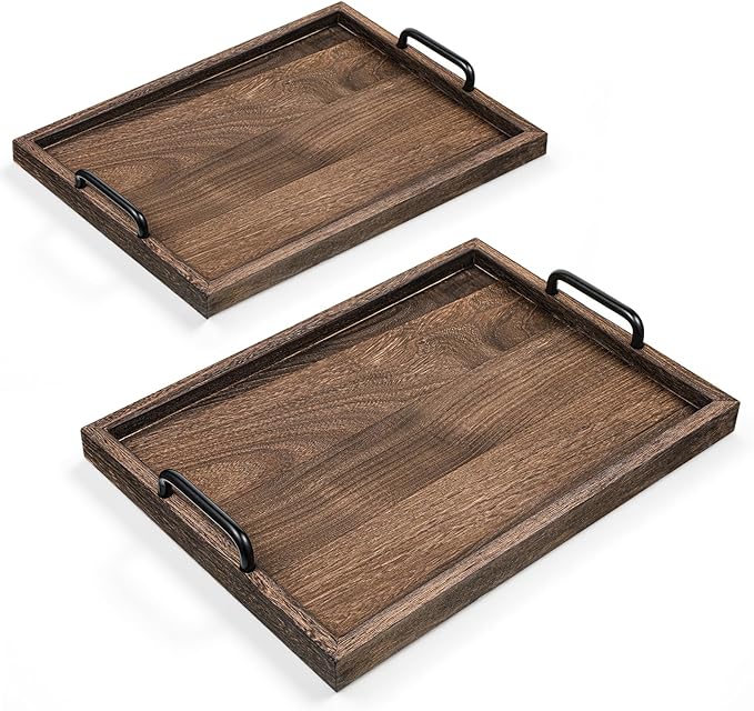 2 Pcs Rustic Wooden Serving Trays with Handle Decorative Nested Vintage Wood Serving Tray Stylish Farmhouse Decor Servings Platters for Eating, Breakfast(Large 15.8x11.8x1.2 in, Small 13.4x9.4x1.2 in)-CasaMuseHome