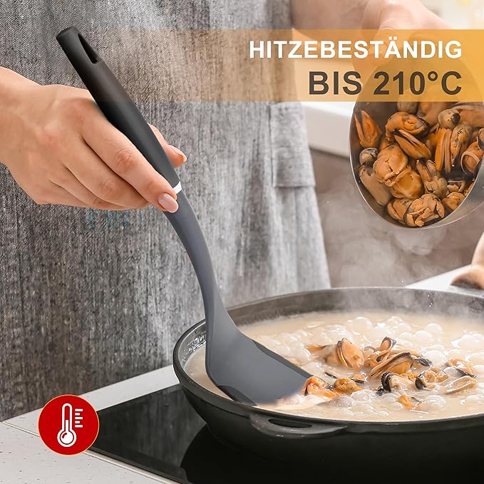 6-Piece Silicone Kitchen Utensil Set with Rotating Stand, Non-Stick, Heat-Resistant (400°F), Nylon Handle, Cooking Spatula Set for Baking & Cooking, Light Gray-CasaMuseHome