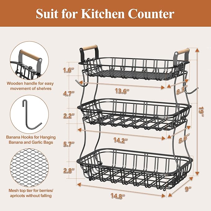 3 Tier Fruit Basket for Kitchen Counter, Fruit Bowl with 2 Banana Hooks Mesh Top, Multifunctional Detachable Sturdy Kitchen Storage Organizer for Vegetables Snacks Onion Potato, Black-CasaMuseHome