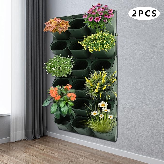 12Pieces 3-Pot Wall Planter Vertical Garden Plant Walls Wall Mounted Vertical Planter with Water-Storage Layer Stackable Wall-Mounted Flower Pot for Gardens, Balconies 180.78lbs Total Capacity (Green)-CasaMuseHome