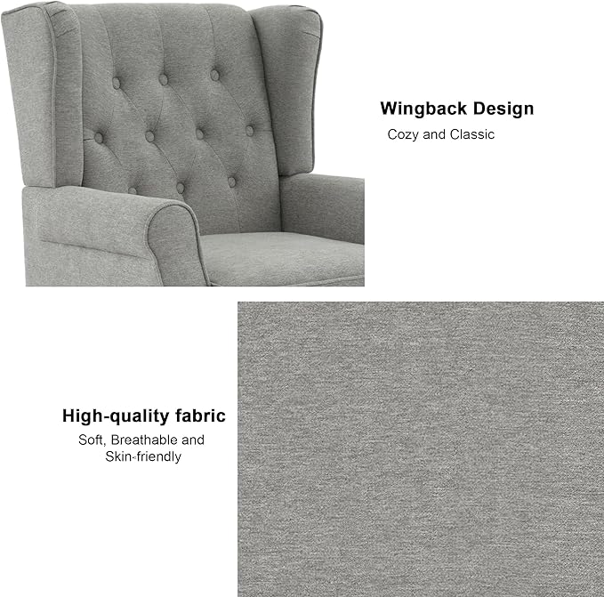 Accent Chair, Upholstered Armchair with Button Tufted High Back & Solid Wood Legs, Comfy Wingback Reading Single Sofa Chair for Small Spaces, Living Room, Bedroom (Light Grey, Set of 2)-CasaMuseHome