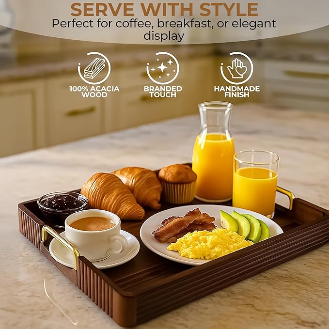 Acacia Wood Serving Tray with Metal Handles – 17x12in Rustic Decorative Ottoman & Coffee Table Tray for Breakfast in Bed, Dinner, Bar, Kitchen, Home Décor & Entertaining-CasaMuseHome