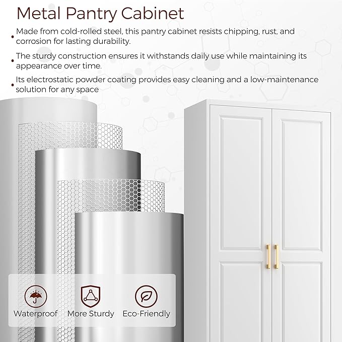 75" Kitchen Pantry Cabinet, White Metal Storage Cabinets with 2 Doors and 4 Adjustable Shelves, Tall Pantry Storage Cabinet for Kitchen, Dining Room, Living Room-CasaMuseHome