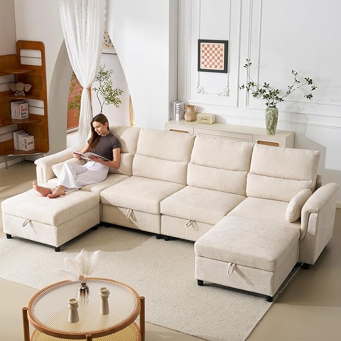 132'' Oversized Modular Sectional Sofa, U Shaped Comfy Sectional Couch with Large Storage, 6 Seat Chenille Deep Seat Cloud Sofa with 2 Throw Pillows for Living Room,Beige-CasaMuseHome