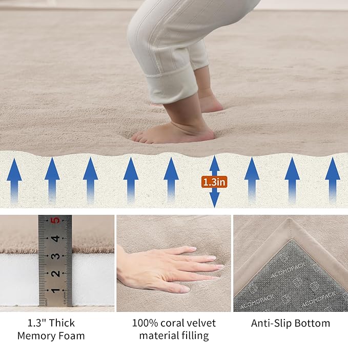 ACOMOPACK Baby Play Mat for Floor,1.3" Thick Memory Foam Area Rug for Living Room,Soft Velvet Crawling with Non-Slip Bottom for Kid,Toddler,79"×157" Tummy Time Nursery Rugs,Yoga（Beige）-CasaMuseHome