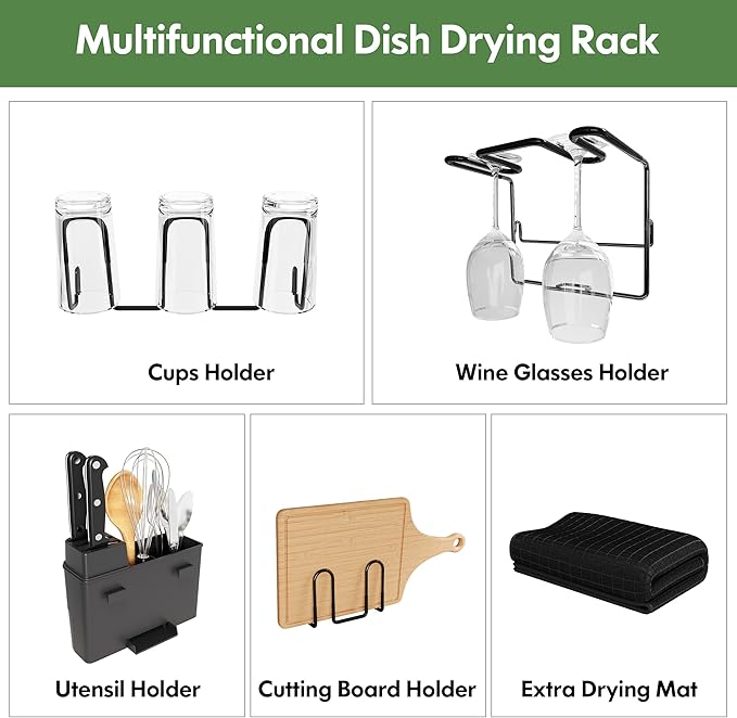 2 Tier Black Large Stainless Steel Dish Drainers Drying Rack for Kitchen Counter with Drainboard, Rust Proof Metal, Space Saving, Modern Aesthetic, Compact Plates Strainers with Extra Mat-CasaMuseHome
