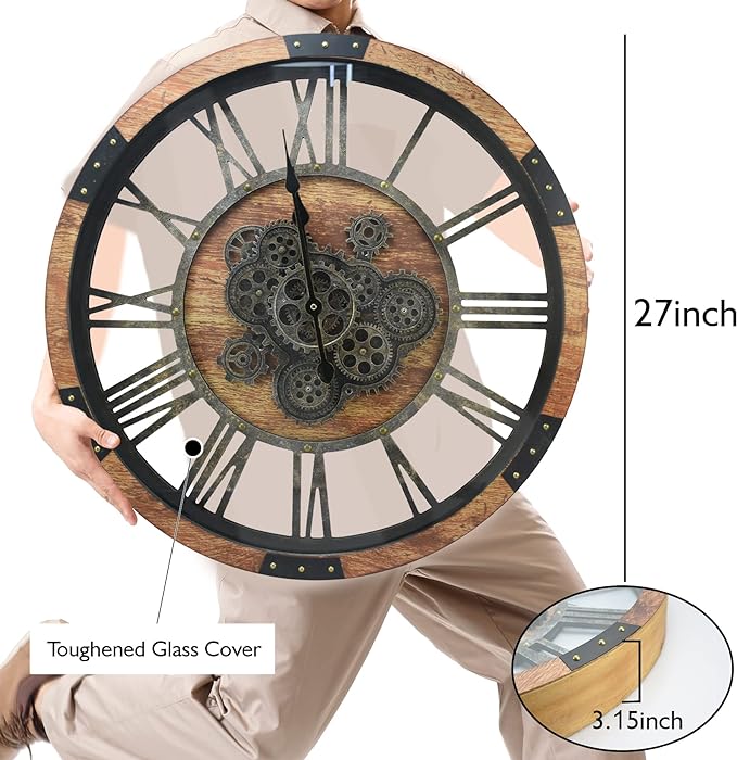 27 inch Large Real Moving Gears Wall Clock with Toughened Glass Cover, Oversized Vintage Solid Wood Farmhouse Clock, Giant Decorative Rustic Wall Clock for Living Room Home Kitchen Office (Brown)-CasaMuseHome