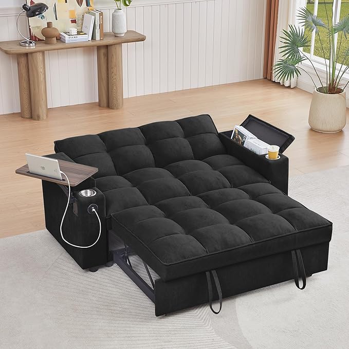 65'' 3-in-1 Folding Convertible Sofa Bed, Pullout Sofa, Modern Chenille Fabric, 360° Swivel Side Table, Easy Assembly, Perfect for Living Room, Black-CasaMuseHome