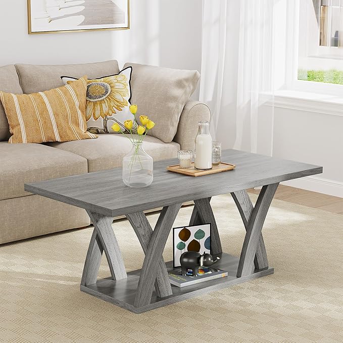 47” Wood Coffee Tables for Living Room Rustic Stands with Storage Shelf Grey Coffee Tables for Living Room Farmhouse Center Stands with Shelf Farmhouse Rectangle Center Table-CasaMuseHome