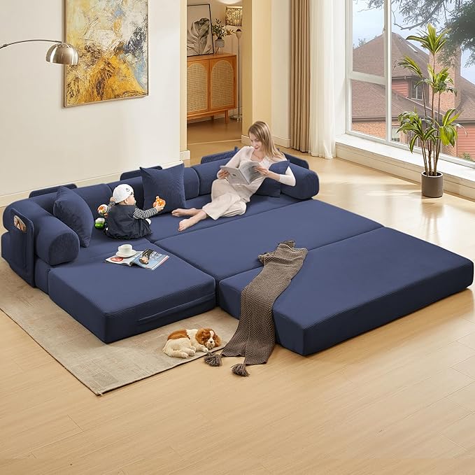 107" Oversized Convertible Sleeper Sofa Bed, Corduroy L Shape Sectional Couch, Folding Sofa Bed with Side Pocket, Modern Cloud Floor Mattress Couch,Modular Sofa for Living Room,Dark Blue-CasaMuseHome