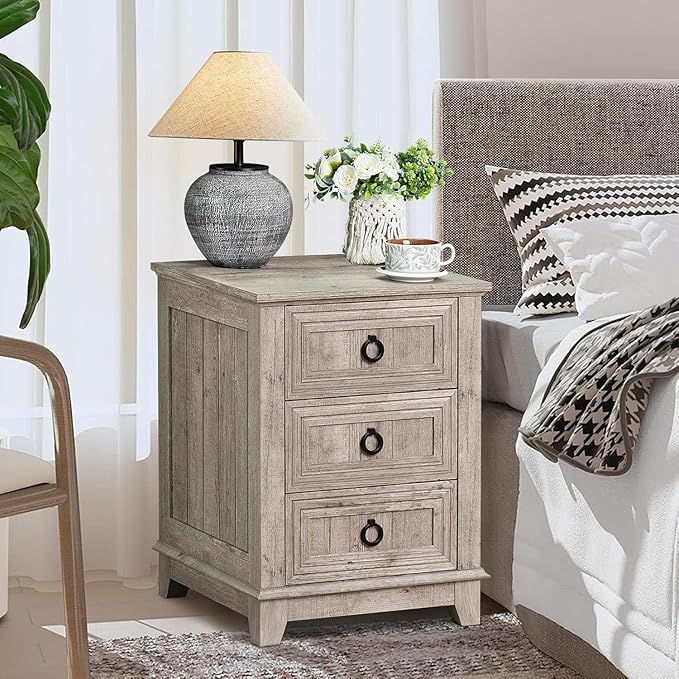 18" Farmhouse Night Stands Set of 2 with Charging Station, 2 & 3 Drawers End Table Dresser for Bedroom, Oak Wooden Nightstand, Bed Side Table with Open Shelf, Bedside Cabinet for Living Room-CasaMuseHome