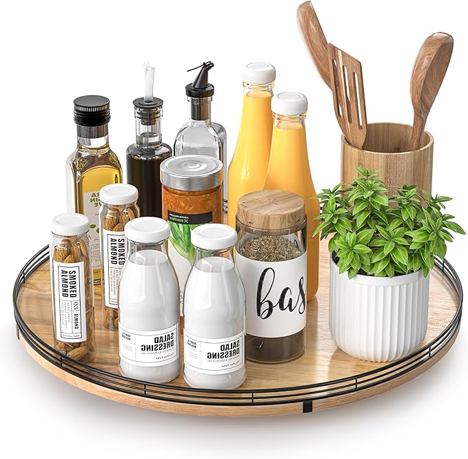 16" Lazy Susan Oak Wood Turntable Organizer for Cabinet, Farmhouse Round Wooden Large Lazy Susan Organization and Storage for Dining Table, Pantry, Kitchen, Bathroom, Countertop, Cupboard, Home Decor-CasaMuseHome