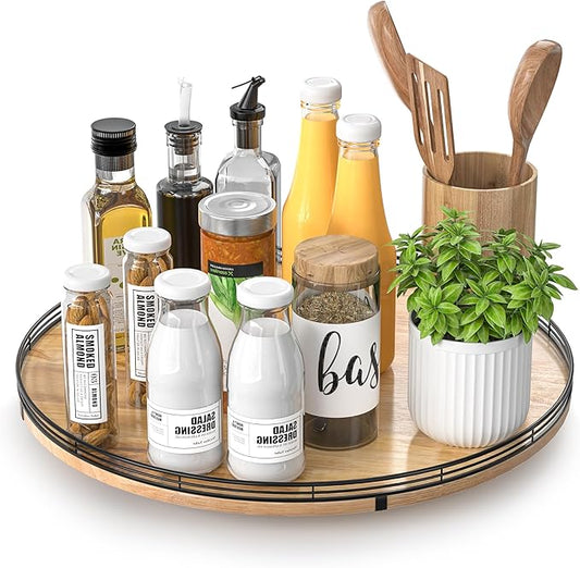 16" Lazy Susan Oak Wood Turntable Organizer for Cabinet, Farmhouse Round Wooden Large Lazy Susan Organization and Storage for Dining Table, Pantry, Kitchen, Bathroom, Countertop, Cupboard, Home Decor-CasaMuseHome