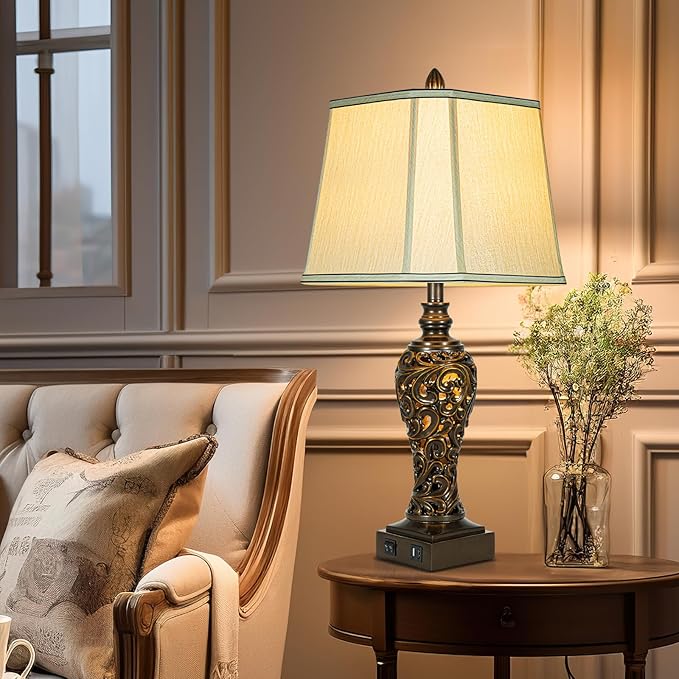 28.5" high Vintage Brown Table Lamps Set of 2 - Bedside Lamp with Faux Silk Shades - for Bedroom and Living Room with USB and Nightlight - Perfect for Nightstands and Bedrooms (Bulb Included)-CasaMuseHome