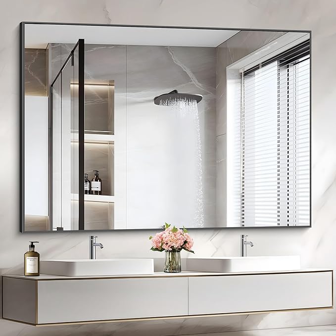 36x50inch Bathroom Mirror, Black Rectangle Mirrors with Thin Metal Frame, Large Rectangular Wall Mirror for Bathroom, Living Roomm, Hair Salon, Big Farmehouse Mirror Hang Horizontal/Vertical-CasaMuseHome