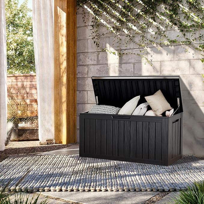 80 Gallon Lockable Resin Deck Box, Waterproof & UV-Resistant Outdoor Storage Box for Outdoor Cushion Storage, Garden Tools & Pool Accessories Storage, Black-CasaMuseHome