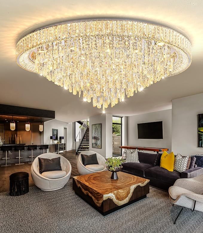 47'' Modern Chandeliers LED Dimmable Crystal Flush Mount Ceiling Chandeliers for Living Room High Ceiling Entrance Foyer Lobby Bedroom Silver-CasaMuseHome