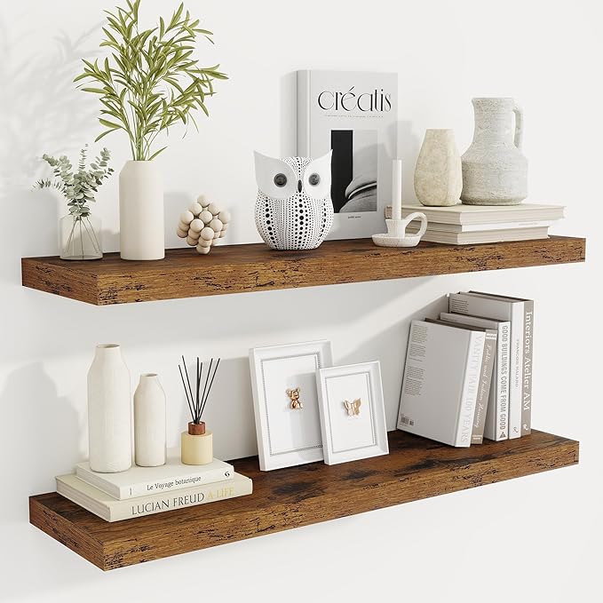 36 Inch Floating Shelves, 9.3 Inch Deep Rustic Wall Shelves - Extra Deeper Wall Mounted Storage Shelves for Bathroom, Kitchen, Living Room (Brown, Set of 2)-CasaMuseHome