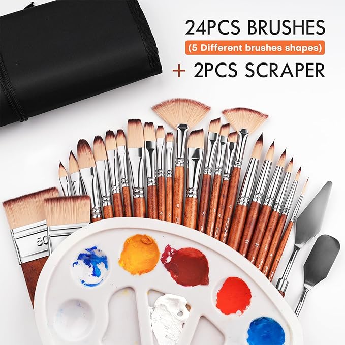 26pcs Paint Brush Set, Fuumuui Professional Acrylic Paint Brushes Complete Range of Sizes with Upgraded Short Handle Wide Flat Paintbrush for Acrylic, Oil, Watercolor and Gouache-CasaMuseHome