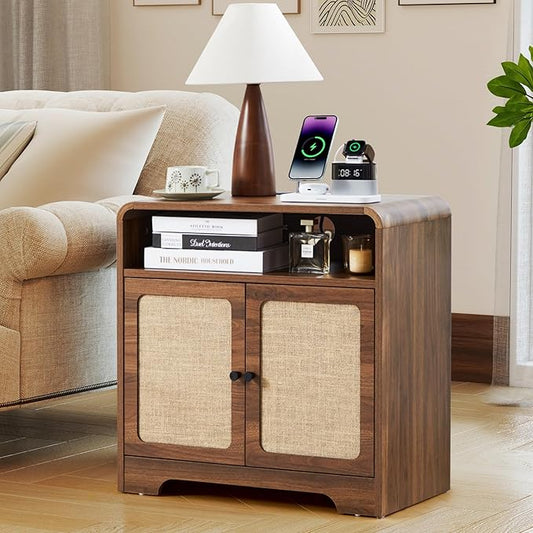 24" Large Side Table with Charging Station, Mid Century Modern End Table with USB/Type-C Ports, Curved Wood Nightstand with Storage & Natural Linen, Couch Side Table for Living Room Bedroom, Walnut-CasaMuseHome