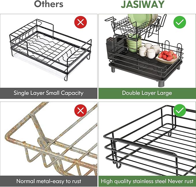 2 Tier Black Large Stainless Steel Dish Drainers Drying Rack for Kitchen Counter with Drainboard, Rust Proof Metal, Space Saving, Modern Aesthetic, Compact Plates Strainers with Extra Mat-CasaMuseHome